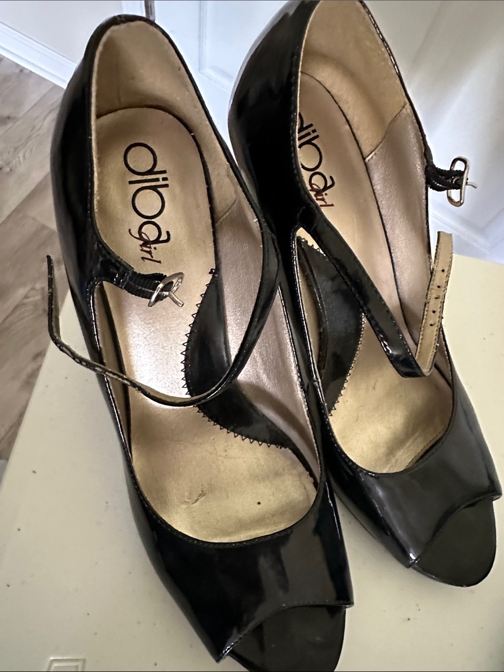 Black Patent Peep-Toe Mary Jane Heels